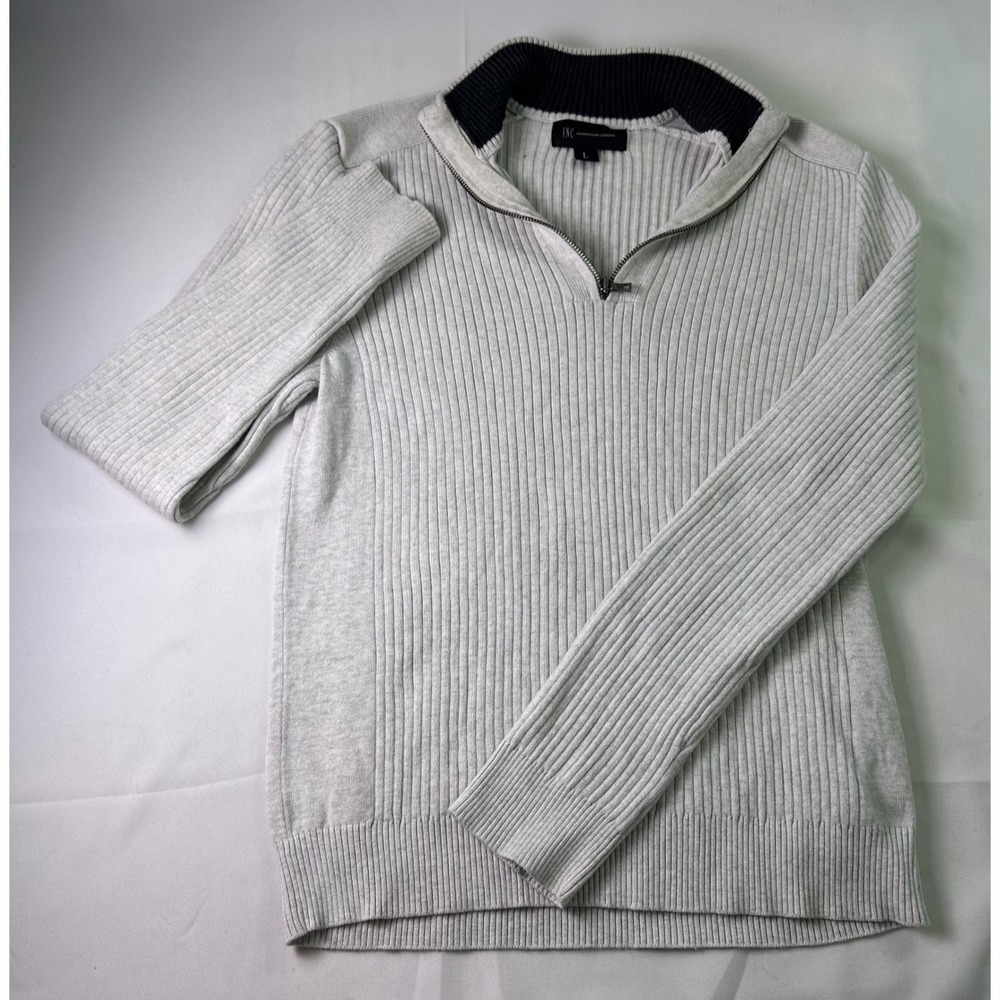 INC International Concepts Womens‎ L Sweater Light Gray Ribbed 1/4 Zip Pullover